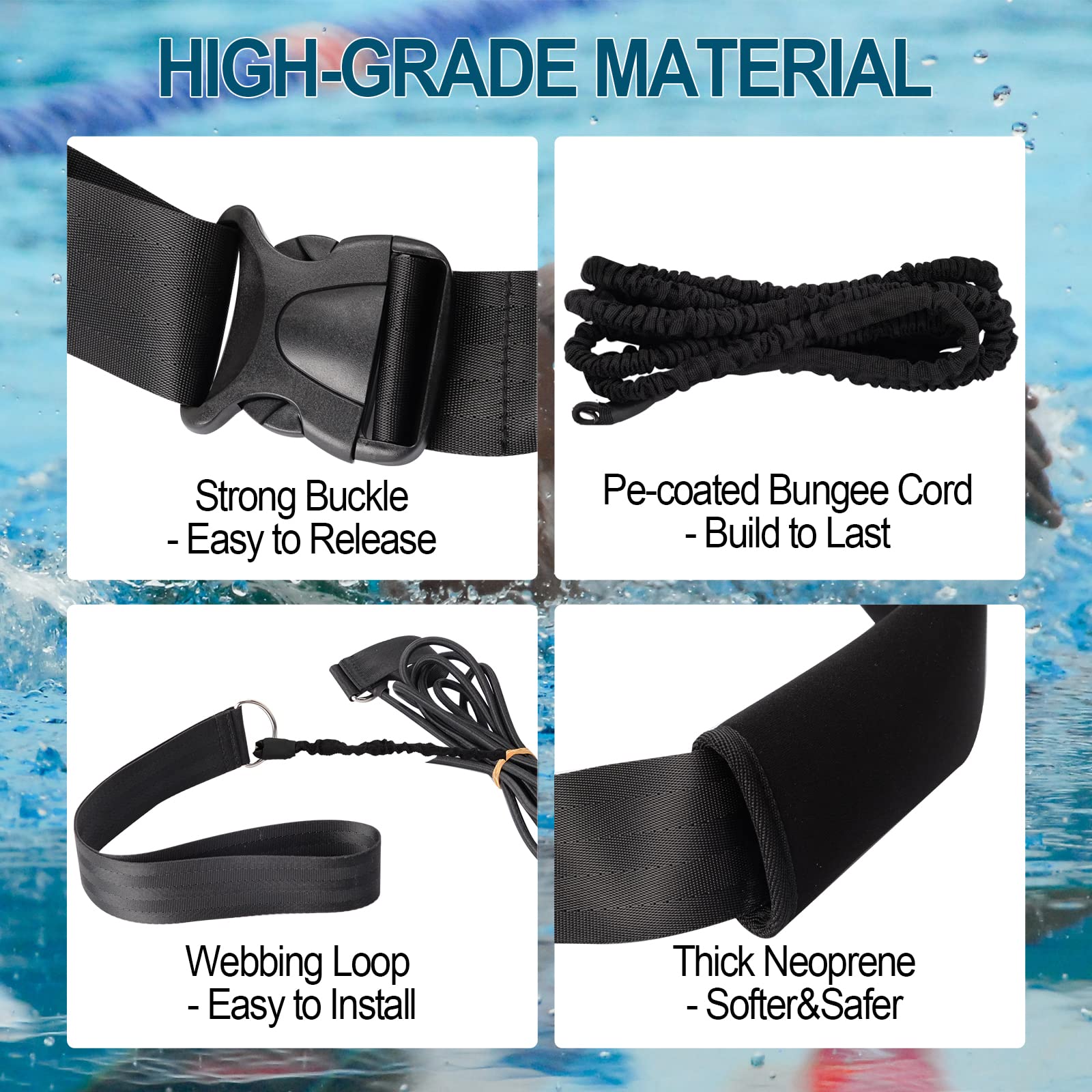 BOOSTEADY Swimming Training Belt 4M Swimming Tether Swim in Place Harness Stationary Swimming Aquatic Resistance Belt