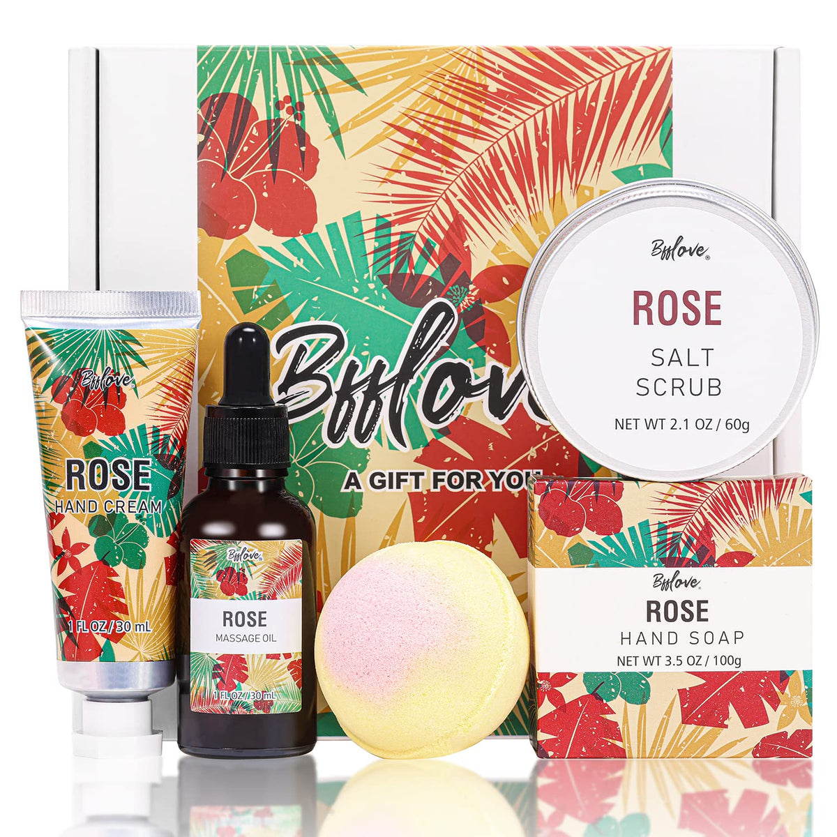 BFFLOVE Women's 5PCS Cherry Blossom Christmas Day Gifts with Massage Oil, Scented Candle, Bath Salt, Hand Cream, Soap Gift Set