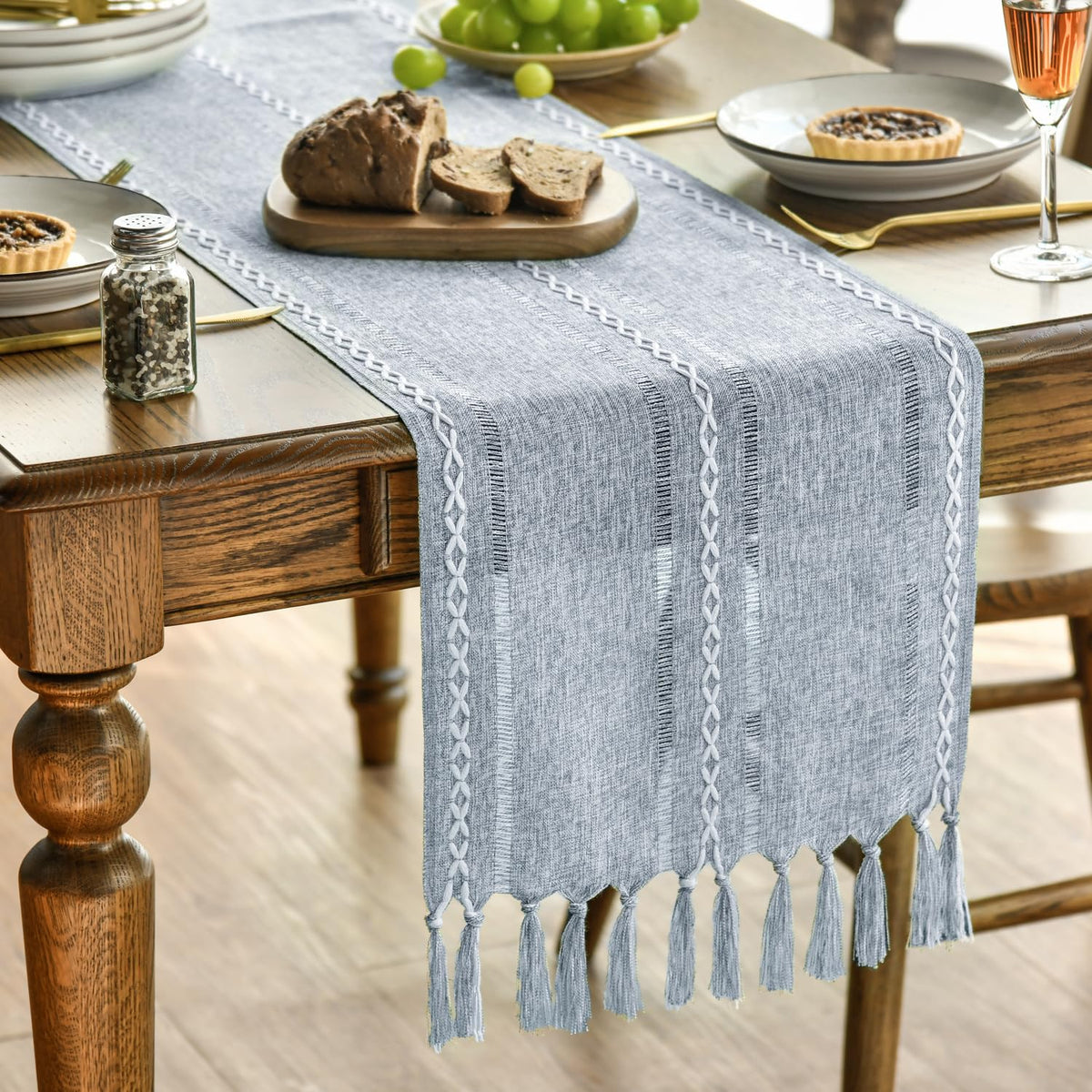 Artoid Mode 13x72 inches Boho Dusty Blue Tassel Table Runner, Farmhouse Style Kitchen Table Decoration