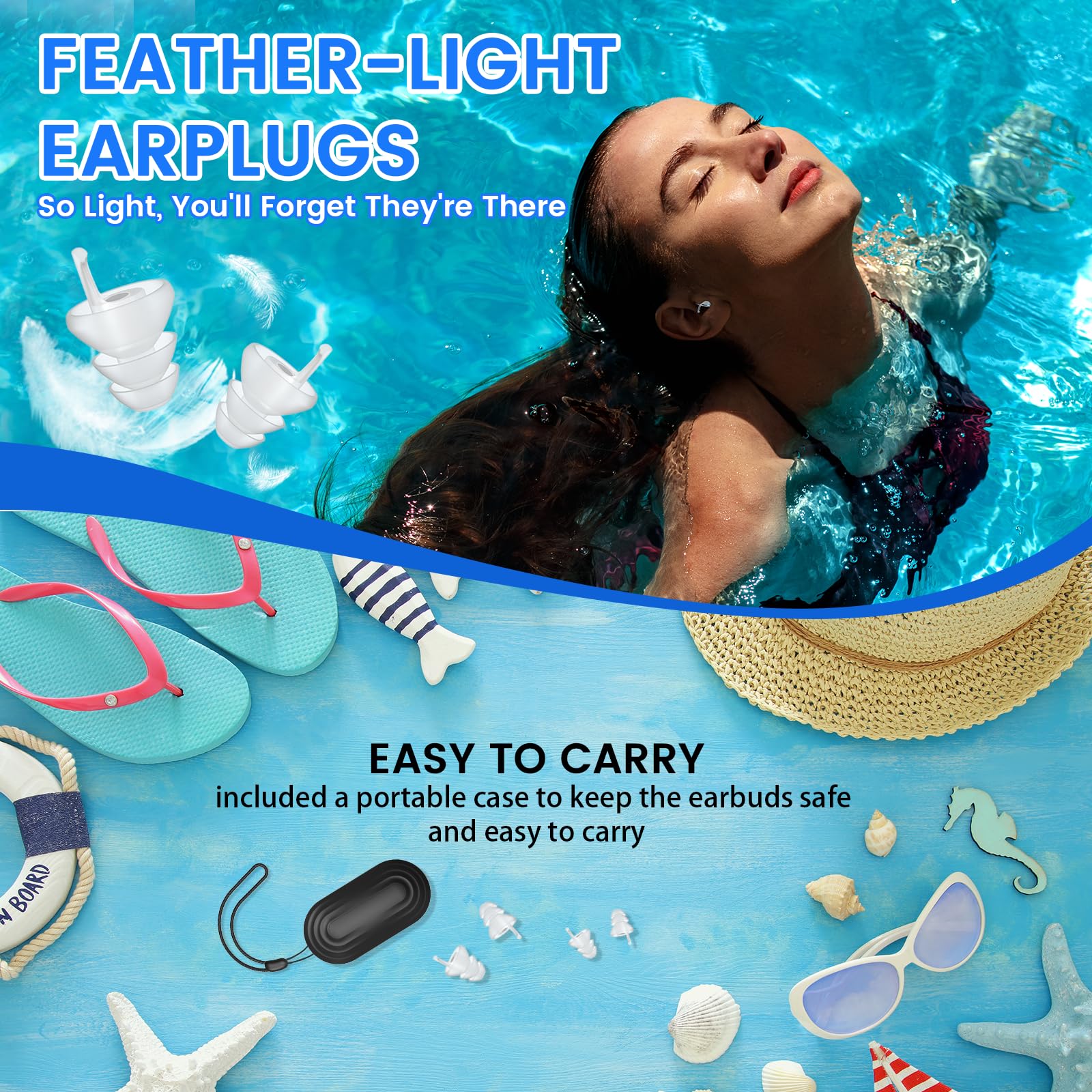 EARHOPE Waterproof Swimming Ear Plugs, Reusable Water Protection Earplugs, 3-Flange Design