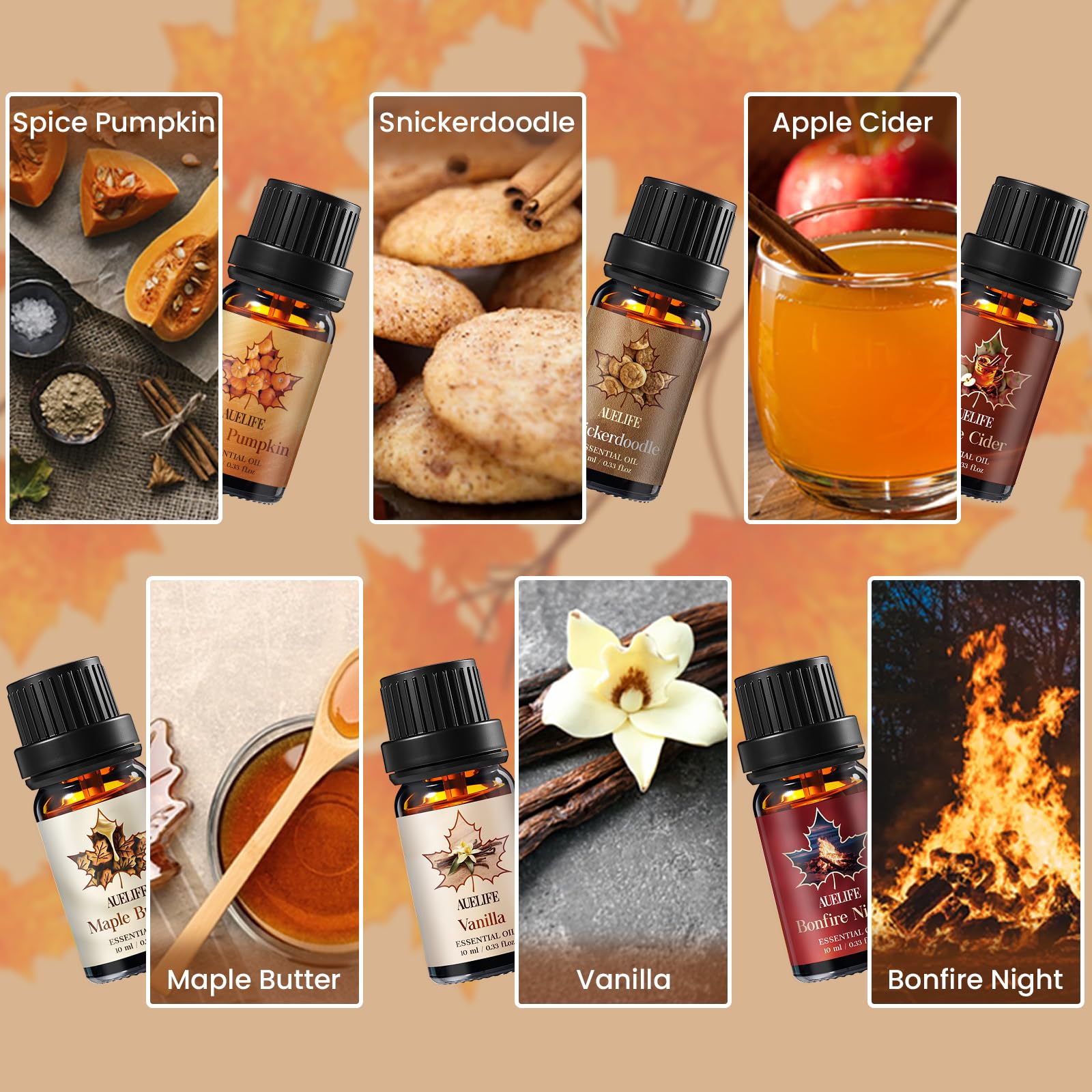 AUELIFE 6-PACK Essential Oil | Christmas Tree, Spice, Gingerbread, Apple Cider, Candy, Cranberry Aromatherapy Gift Set