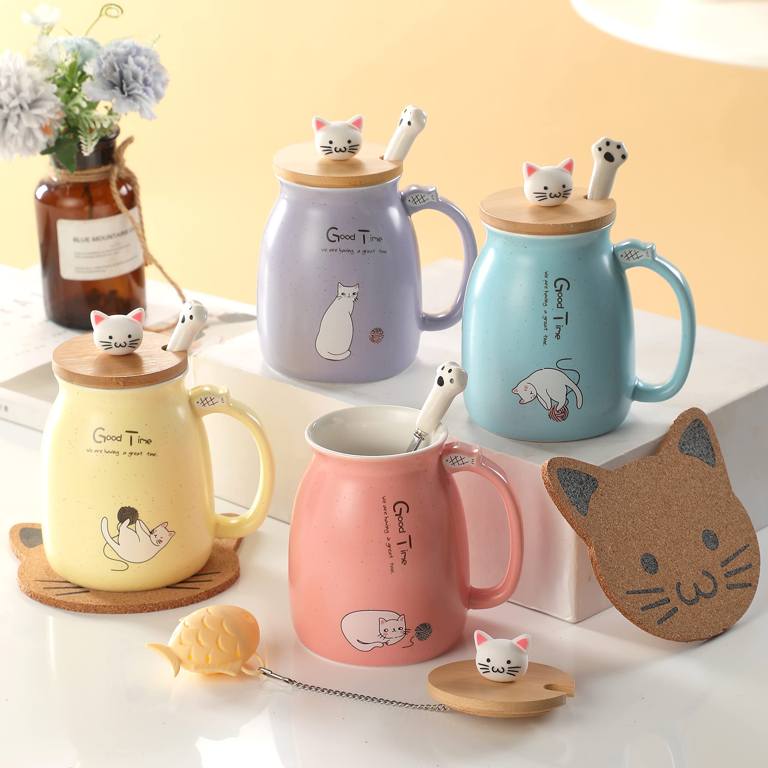 BigNoseDeer Kawaii Cute Cat 13oz Ceramic Coffee Mug Gift Set, Pink