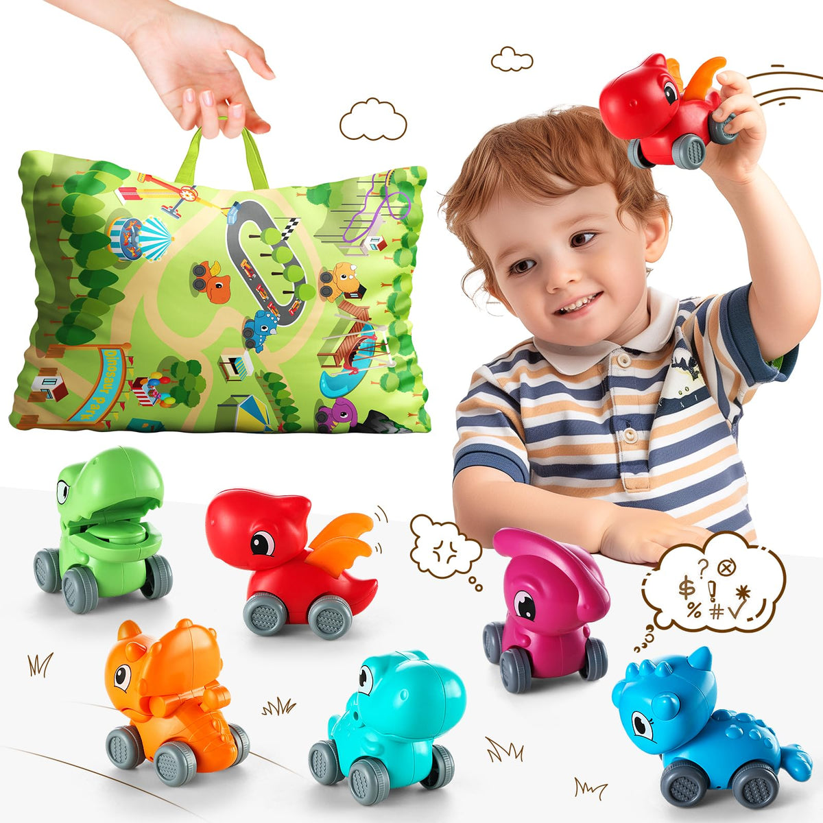 ALASOU 6 PCS Dinosaur Figure Playset Toys with Playmat/Storage Bag|Car Toys