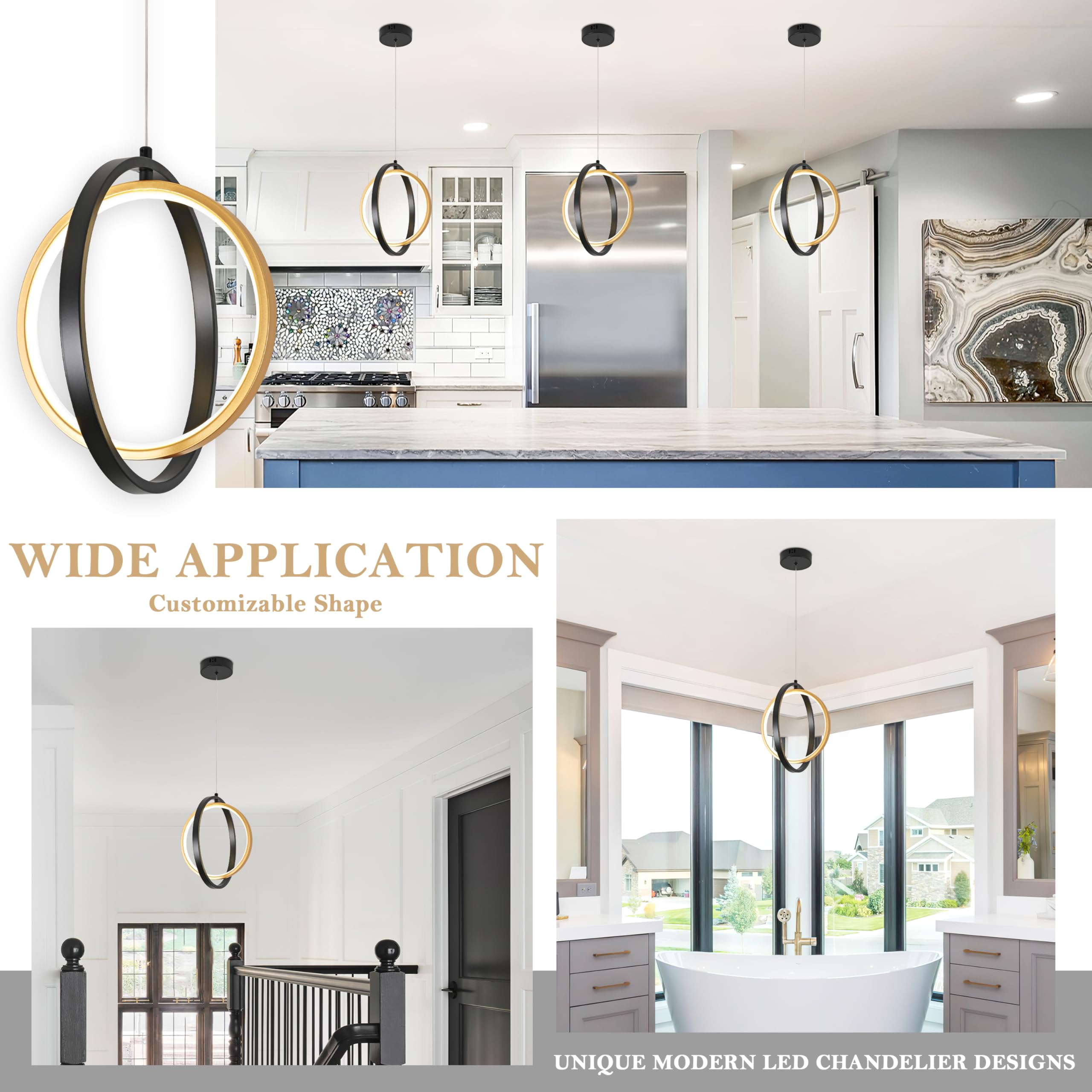 AyshwillDec Modern Led Ring Chandelier Black and Gold Pendant Light