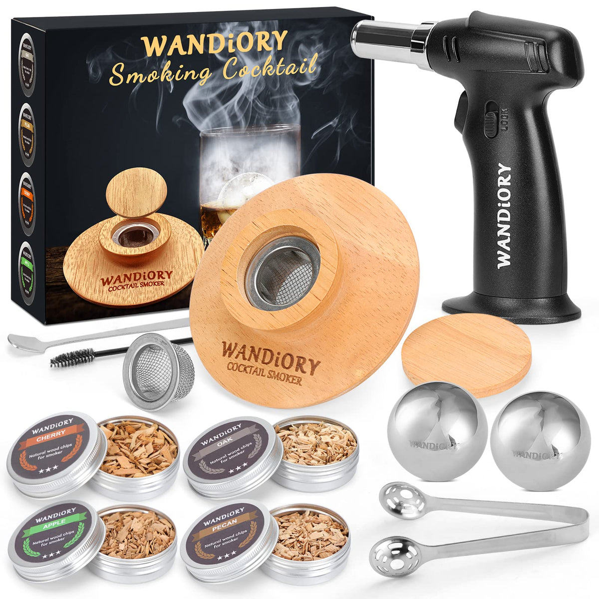 Cocktail Smoker Kit with Torch, WANDiORY Original Bourbon Whisky Drink Smoker Infuse Kit Includes 2 Whiskey Stone, Gifts for Men/Him/Father/Halloween/Christmas