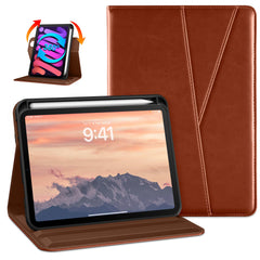 DTTO Rotating Case for iPad mini 7(A17 Pro) 2024 / iPad mini 6 2021, 360 Degree Swiveling Premium Leather Folio Stand Cover with Pencil Holder for iPad mini 7th/6th Generation 8.3'', Brown