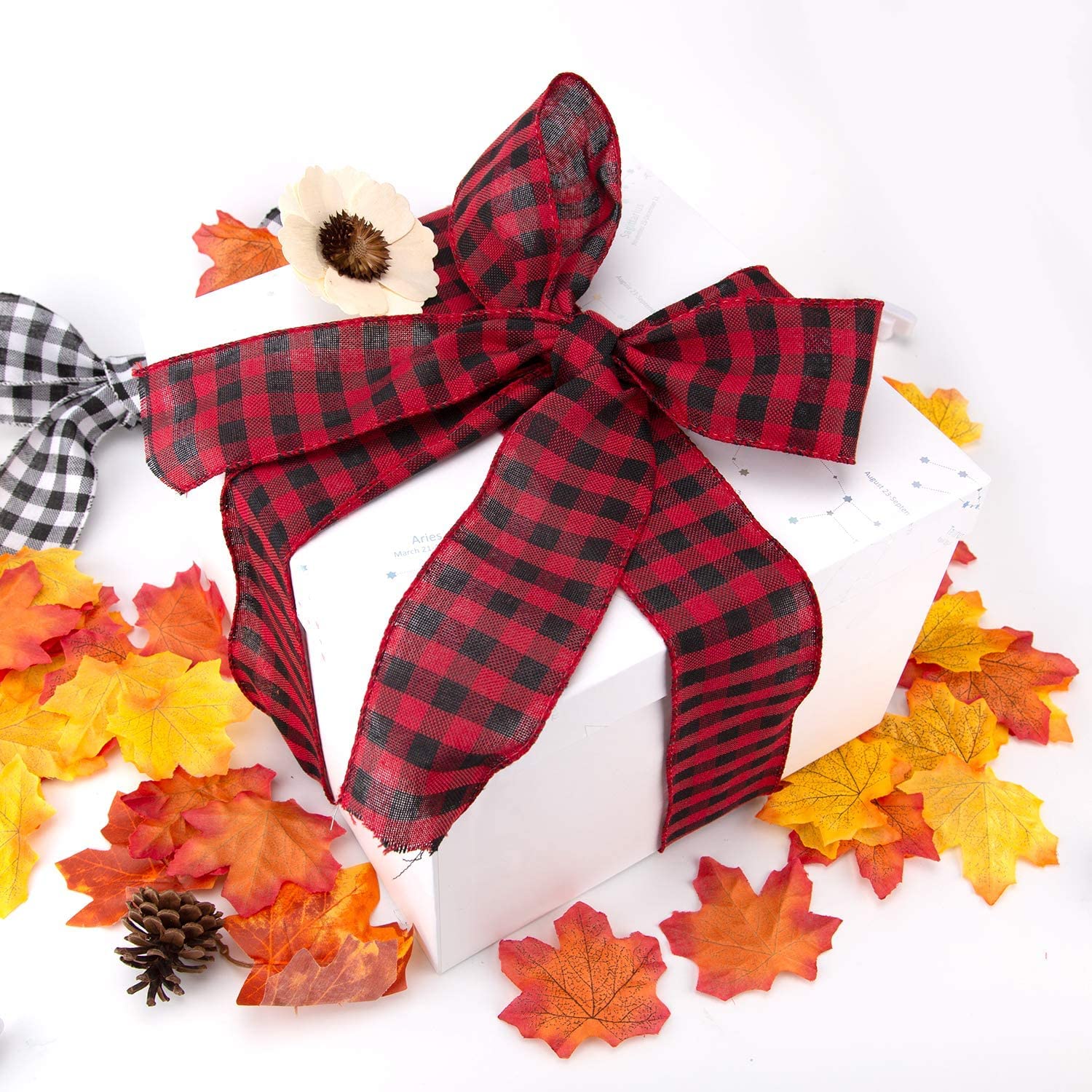 AIEX 3 Rolls Christmas Wired Ribbons, 2.5”x10 Yards Black Red/Black White Buffalo Plaid Ribbons and Natural Burlap Ribbon for DIY Craft, Gift Wrapping, Christmas Wedding Craft Decorations