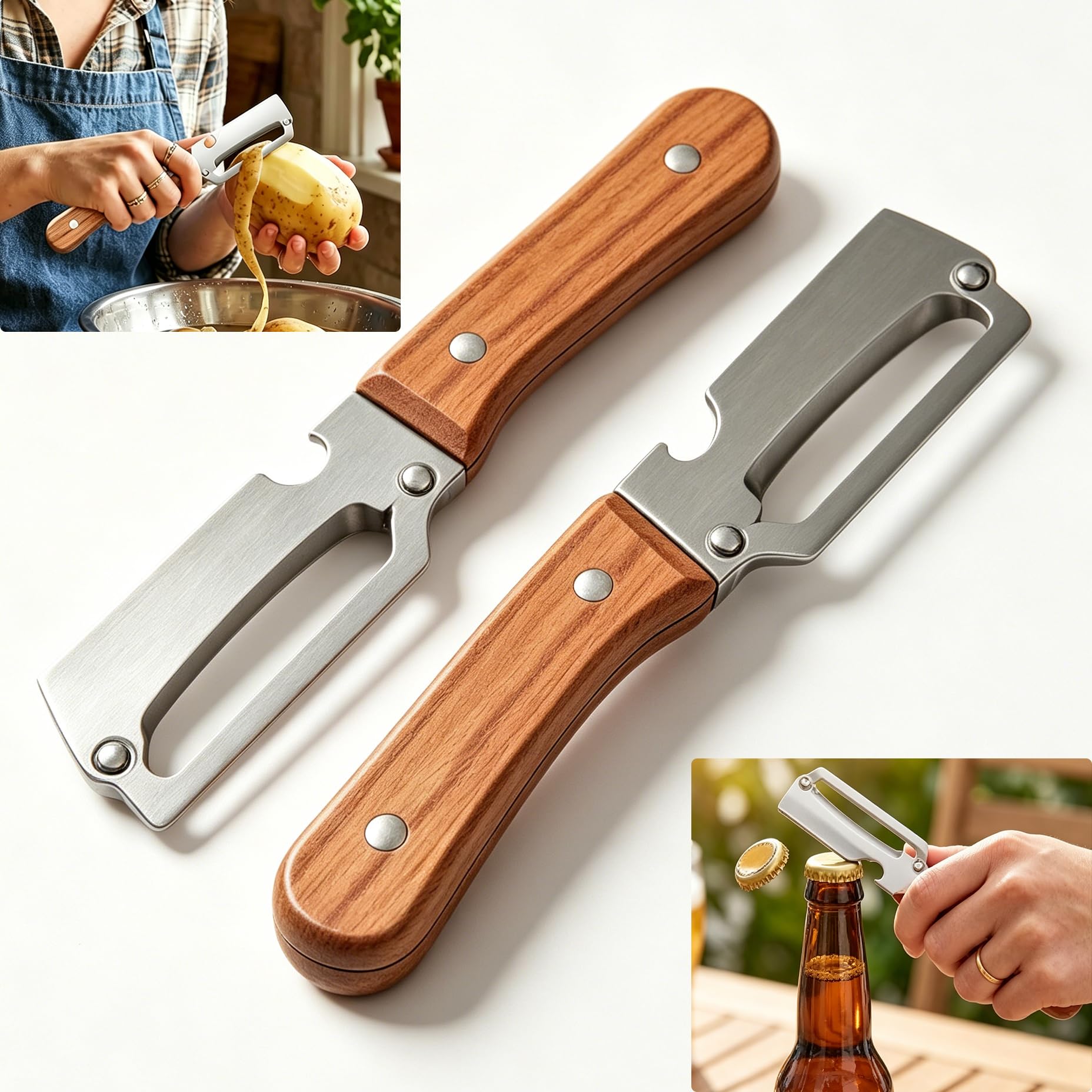 EddHomes Multifunctional Vegetable Zero Snag Peeler with Wooden Handle and Bottle Opener