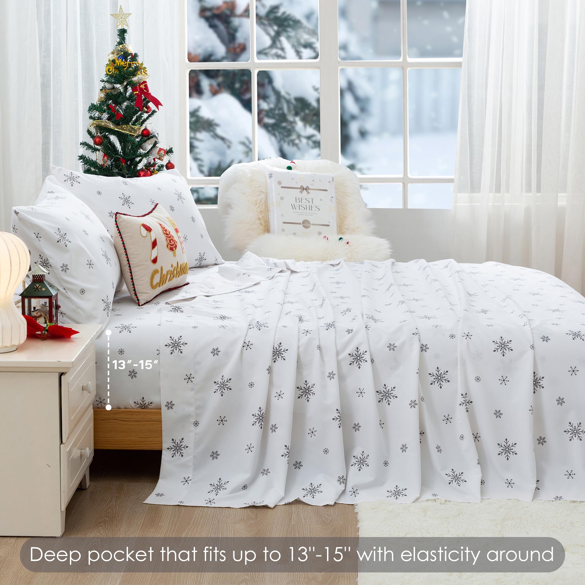 COTTEBED All Season Snowflakes Twin Size Bedding Sets - Cute White Snow Bed Sheet Sets with Pillowcase 15 inch Pocket for Kids Boy Girl Children - Xmas Super Soft Polycotton - Gifts Package