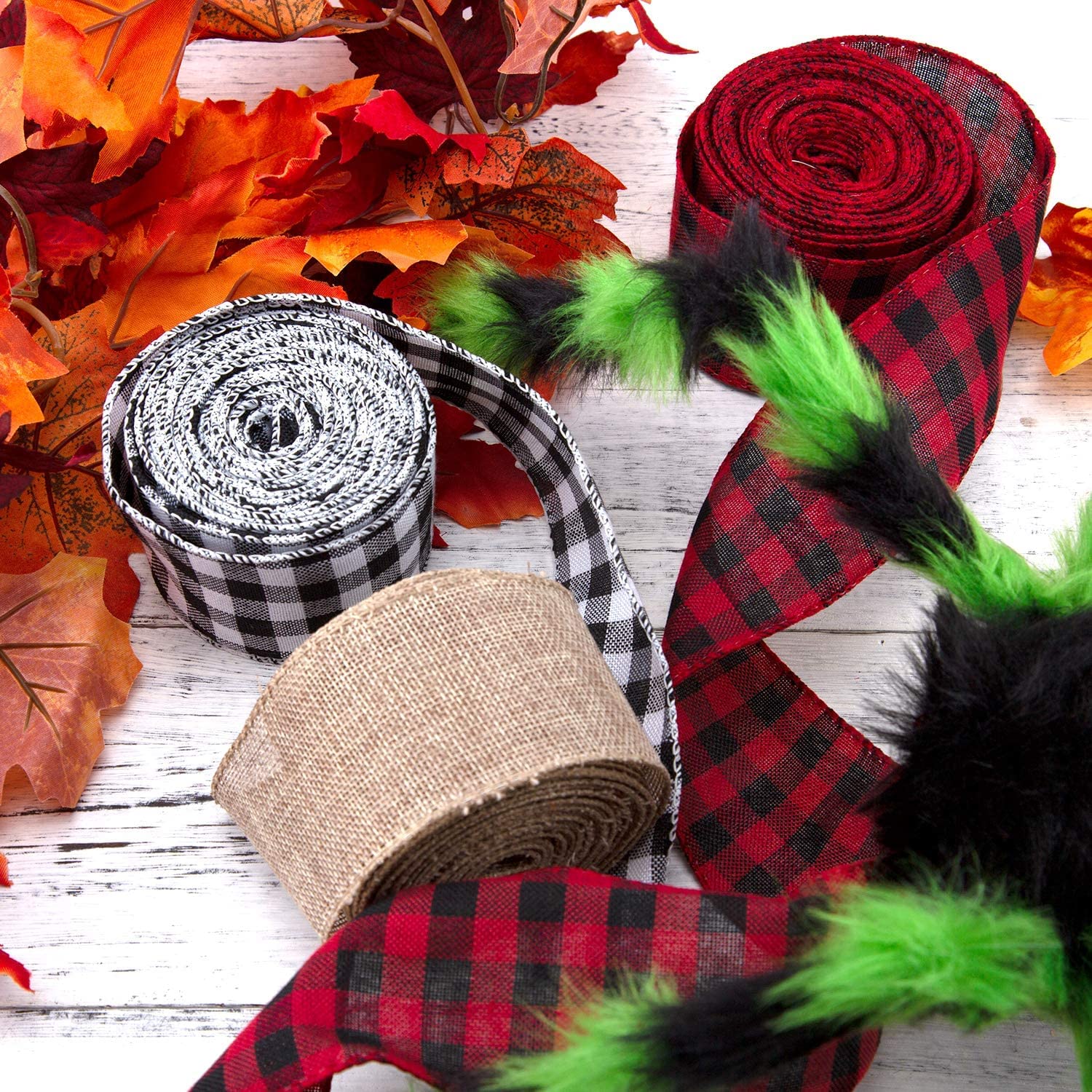 AIEX 3 Rolls Christmas Wired Ribbons, 2.5”x10 Yards Black Red/Black White Buffalo Plaid Ribbons and Natural Burlap Ribbon for DIY Craft, Gift Wrapping, Christmas Wedding Craft Decorations