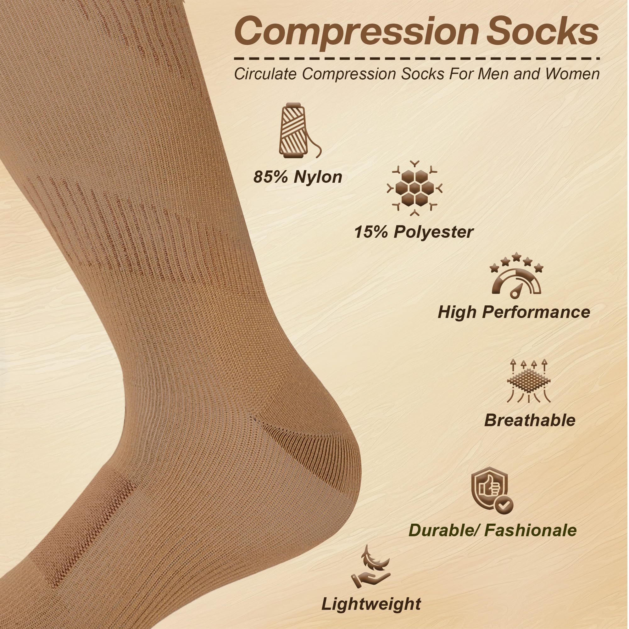 Circulate Compression Socks for Men & Women | 20 - 30 mmhg | Stamina Booster | for Circulation,Swelling & Pain Relief | Stockings Support for Pregnancy,Running (Brown, Large-X-Large)