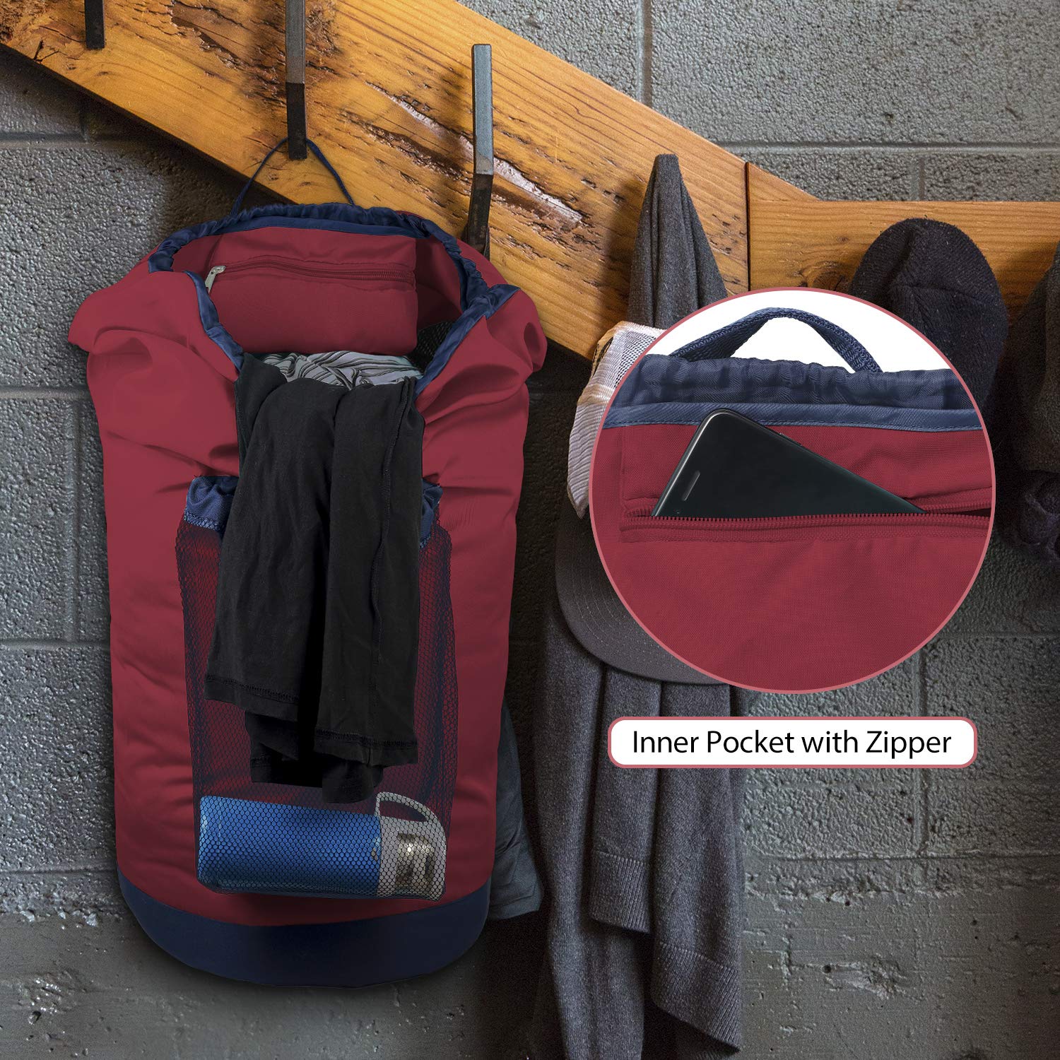 Dalykate Backpack Laundry Bag, 115L Large Hamper with Shoulder Straps, Drawstring Closure, Mesh Pocket, Red
