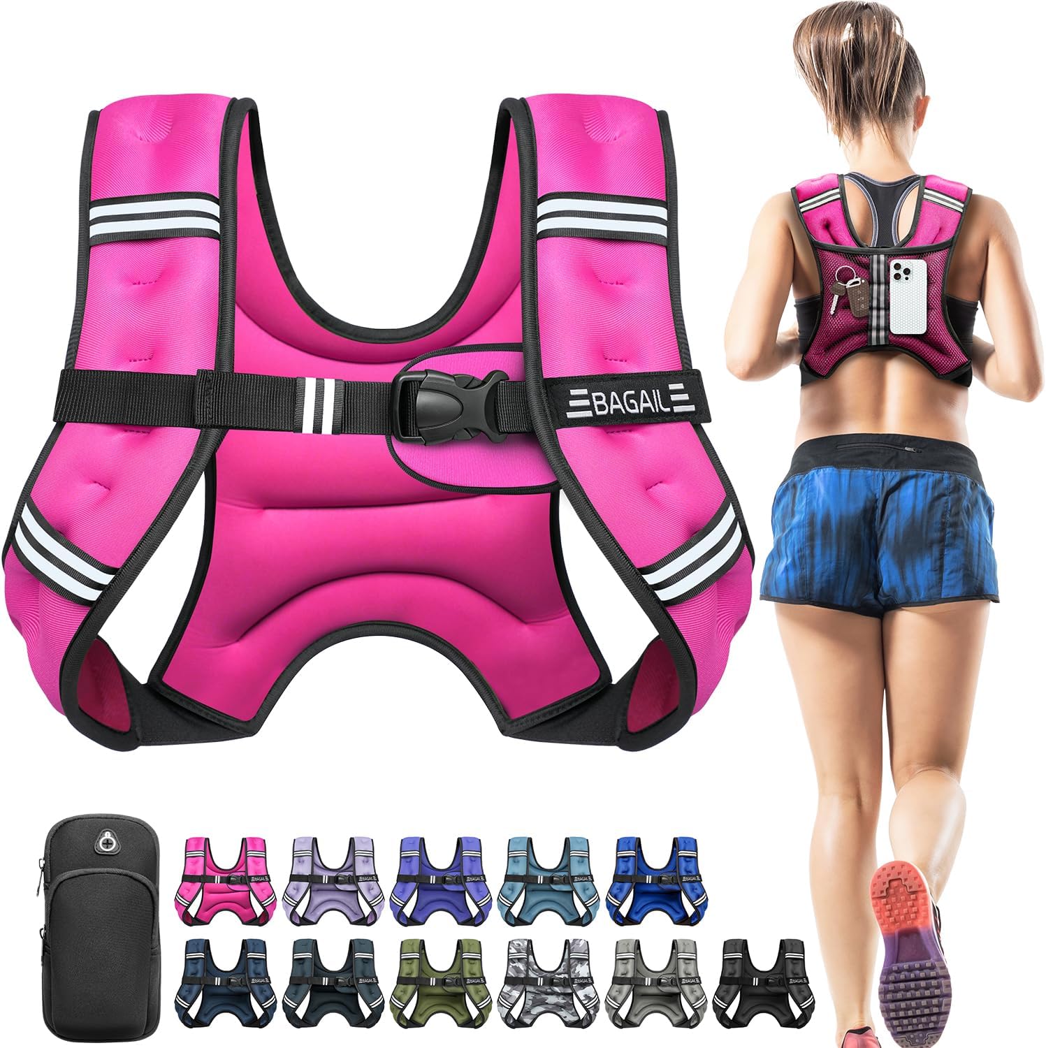 BAGAIL Adult's Weighted Vest with Detachable Phone Pouch, Rucking Vest, Walking, Weight Loss, Training, Running