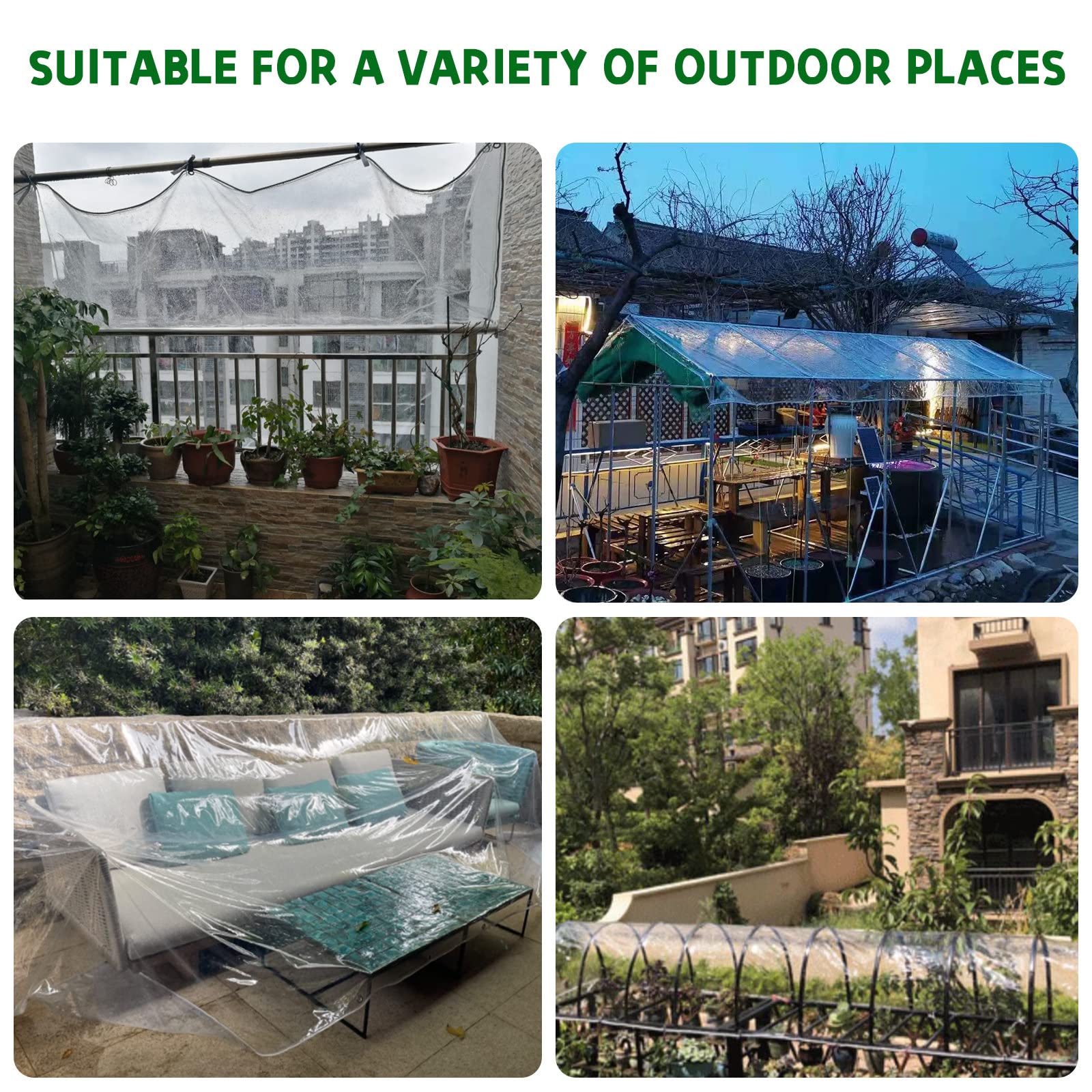 Clear Tarps Heavy Duty Waterproof, 15Mil Transparent PVC Vinyl Tarpaulin with Grommets, Ropes, Reinforced Edge, Tear-Resistant, Anti-UV for Greenhouse, Patio, Garden, Porch, Pavilion, Outdoor