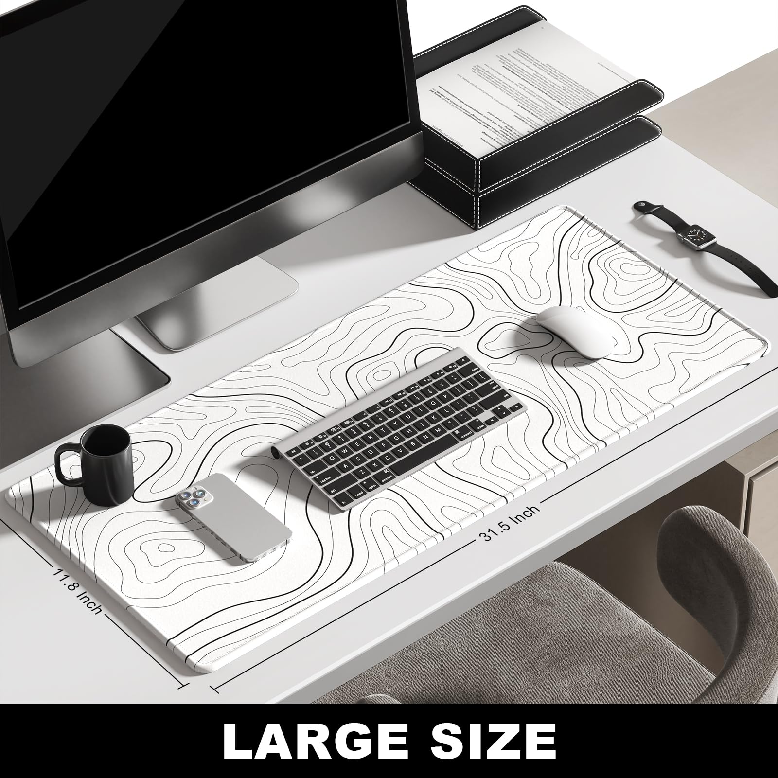 BOSOBO 80x30cm Minimalist Abstract Lines Large Desk Gaming Mouse Pad Mat, WHITE/BLACK