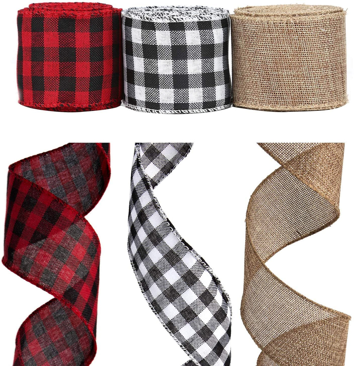 AIEX 3 Rolls Christmas Wired Ribbons, 2.5”x10 Yards Black Red/Black White Buffalo Plaid Ribbons and Natural Burlap Ribbon for DIY Craft, Gift Wrapping, Christmas Wedding Craft Decorations