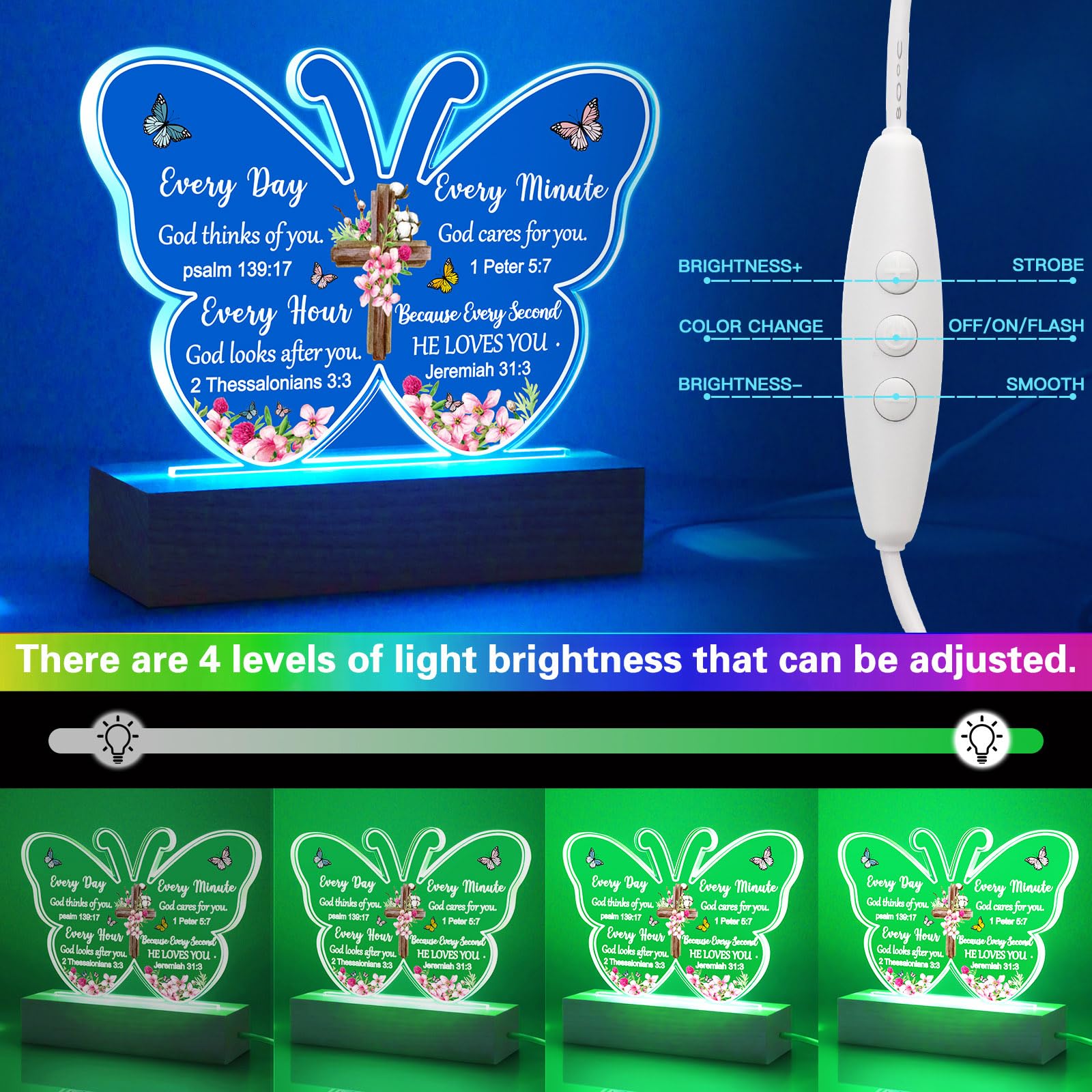 Christian Biblical Faith Based Religious Church Scripture Acrylic Butterfly Night Light with Bible Verse Prayer Butterfly Decor