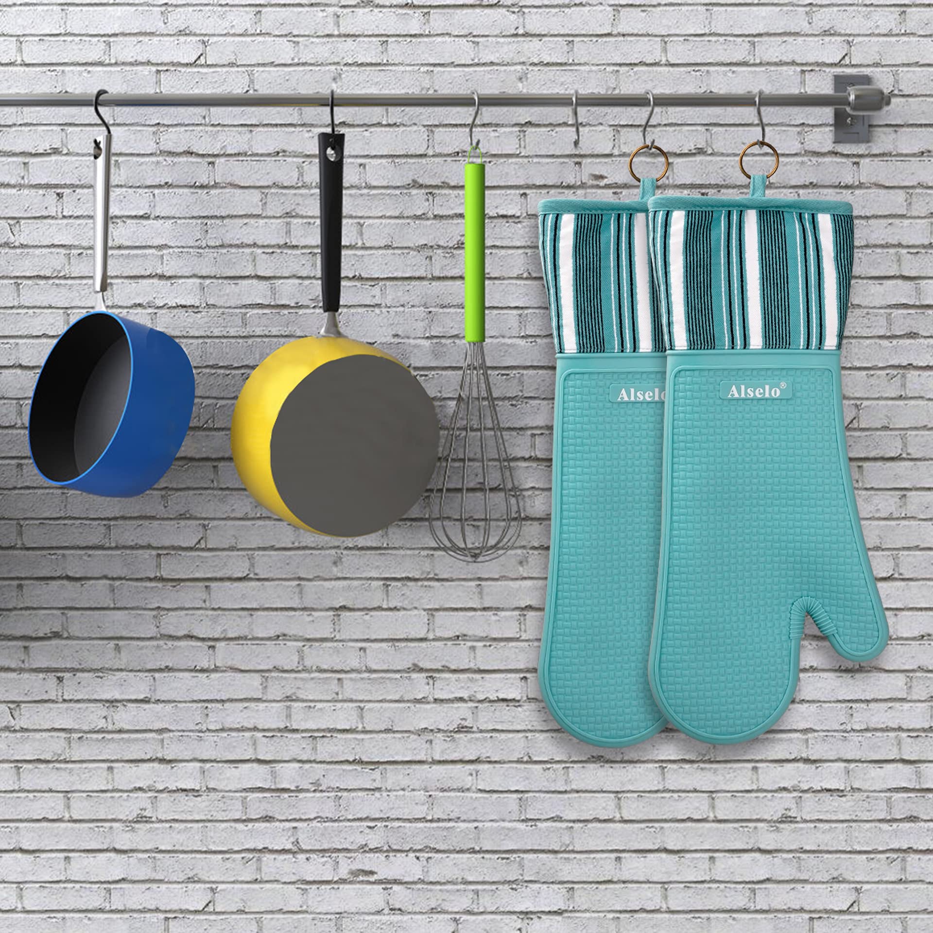 Alselo Heat Resistant 550 Degree Extra Long Silicone Oven Mitts, Teal
