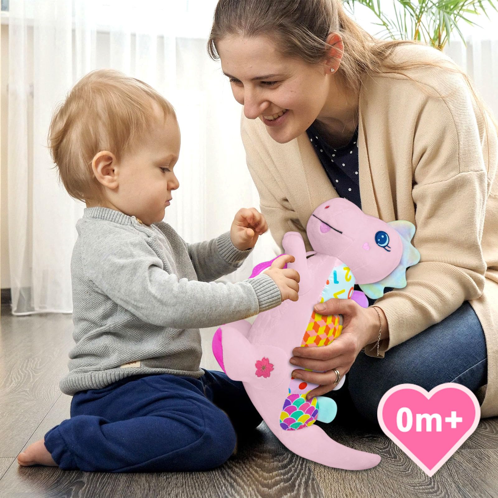 Baby Sensory Dino Musical Stuffed Animal Toys for 0-3-6-9-12 Months .Infant Dinosaur Tummy Time Toys with Crinkle Sound Paper .Teether .Textures & Rattles for Newborn Boys Girls Birthday Gifts .Pink