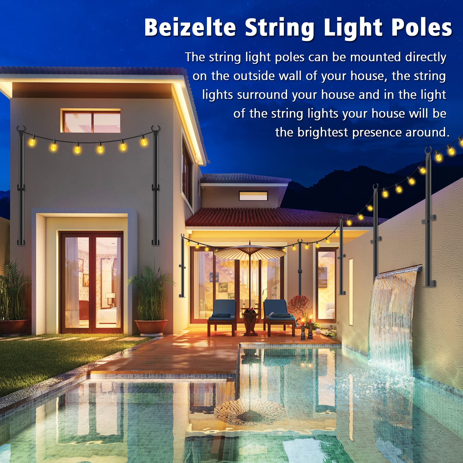 Beizelte 2PACK 4FT String Freestanding Outdoor Light Poles with Fixing Clips and Suspended Base
