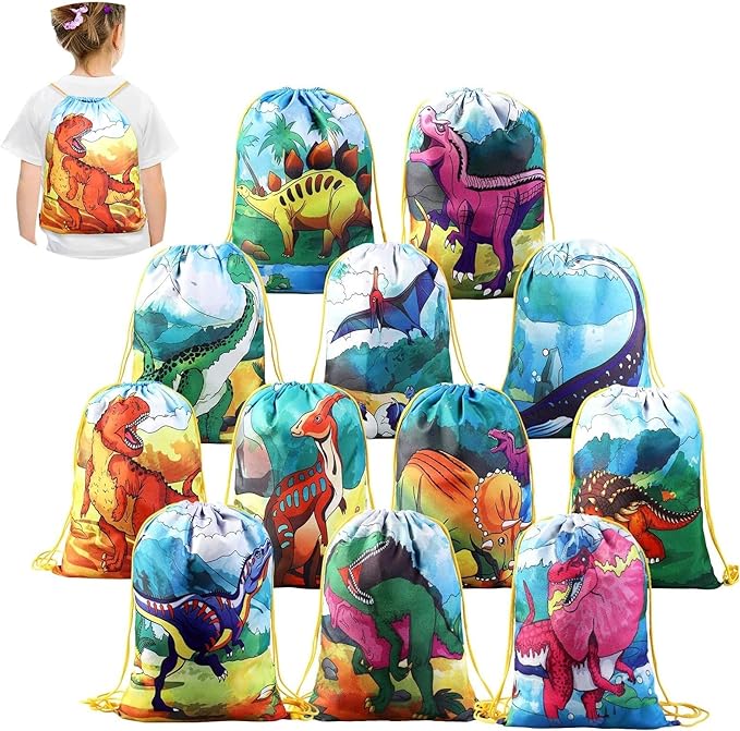 BEEBEERUN 12PCS Kids Dinosaur Birthday Party Drawstring Party Favor Bags, SQ002