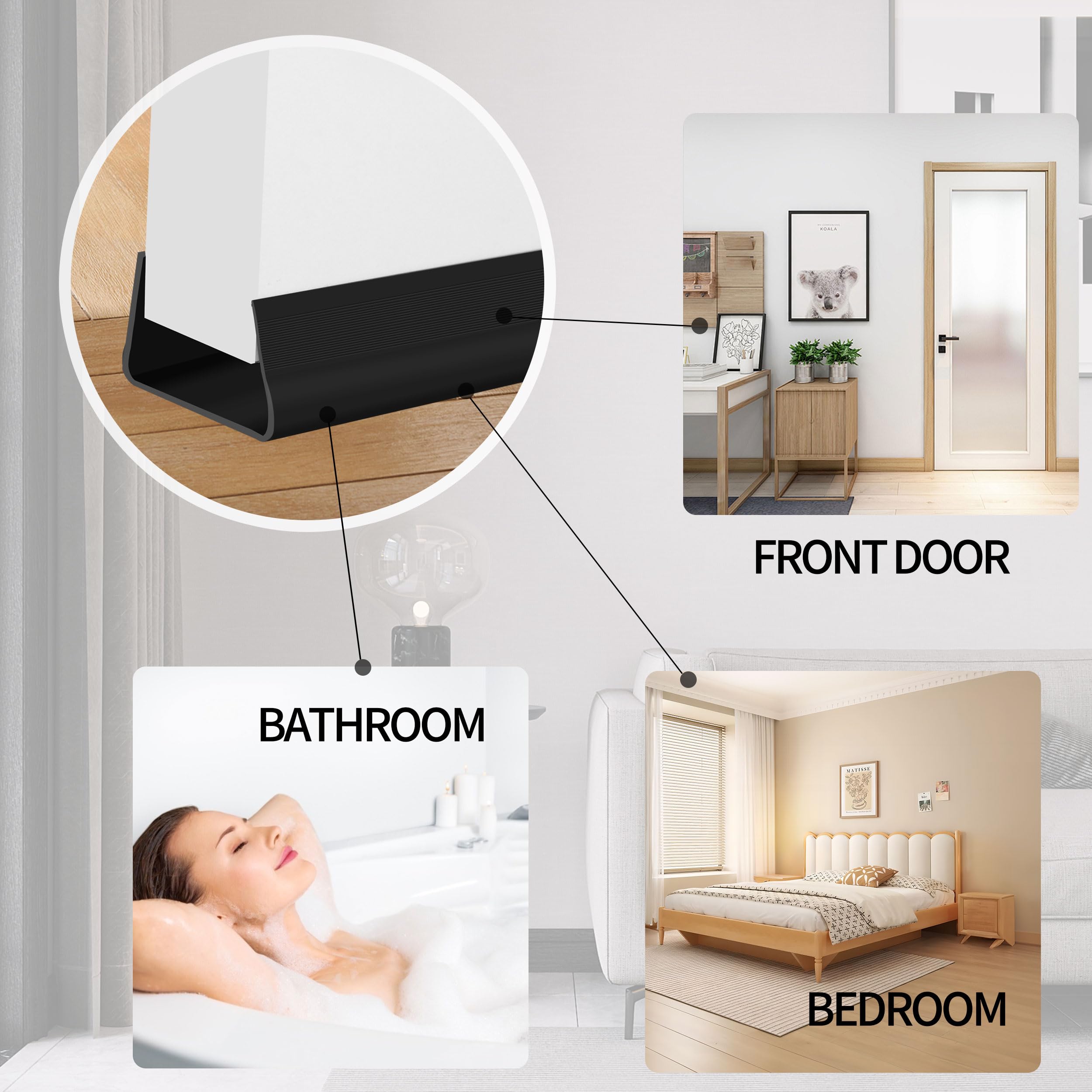 Door Draft Stoppers for Bottom of Door - Techoln 2 Pack Self Adhesive Door Sweep, Weather Stripping Door Seal, Noise Reduction, Energy Saving, Easy Installation 39" L X 2" W (Black, U Shape)