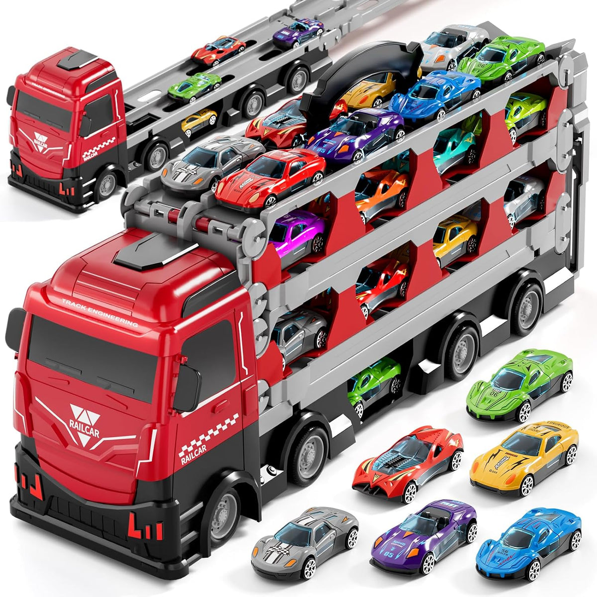 Ci Vetch 25-in-1 Transport Truck Toy Set with 24 Die-Cast Cars & 78" Race Track