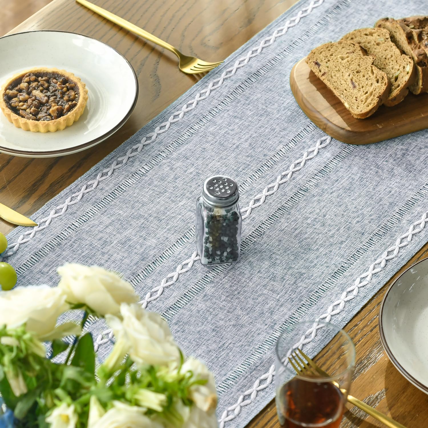 Artoid Mode 13x72 inches Boho Dusty Blue Tassel Table Runner, Farmhouse Style Kitchen Table Decoration