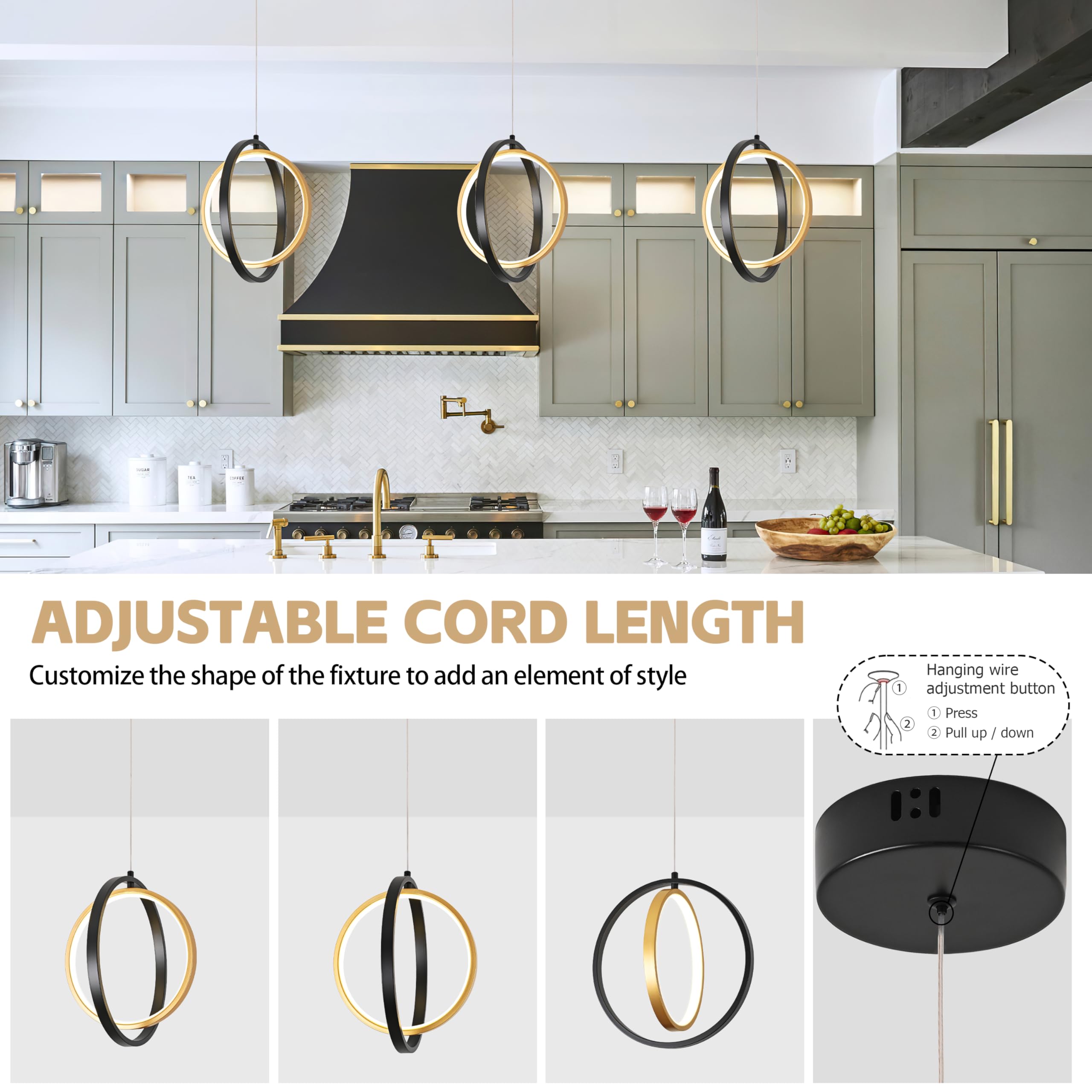 AyshwillDec Modern Led Ring Chandelier Black and Gold Pendant Light