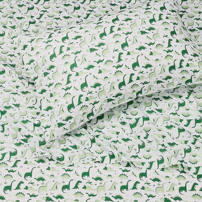 Amazon Basics Kid's Dino Friends Soft Easy-Wash Microfiber Sheet Set, Twin, Grass Green Dinosaurs 1J36