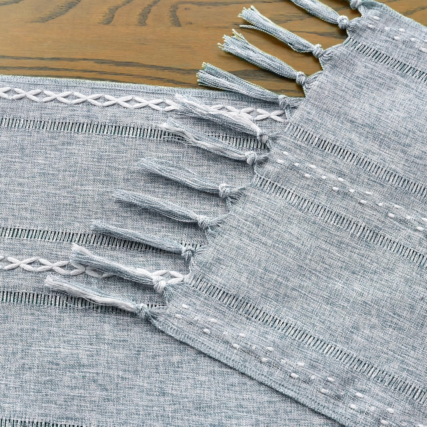 Artoid Mode 13x72 inches Boho Dusty Blue Tassel Table Runner, Farmhouse Style Kitchen Table Decoration