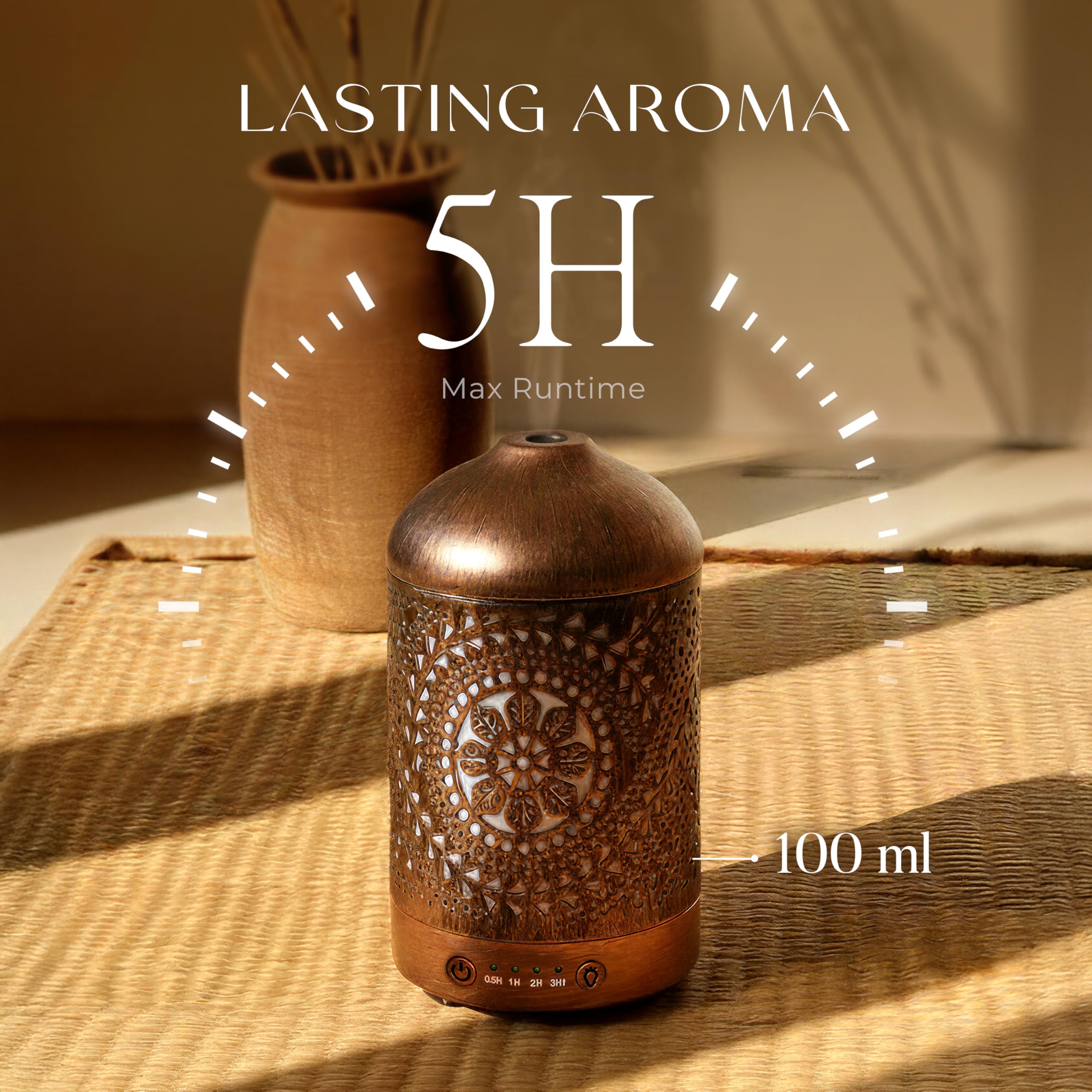 Earnest Living Essential Oil Diffuser Metal Diffuser 100 ml Timers Night Lights and Auto Off Function Home Office Humidifier Aromatherapy Diffusers for Essential Oils
