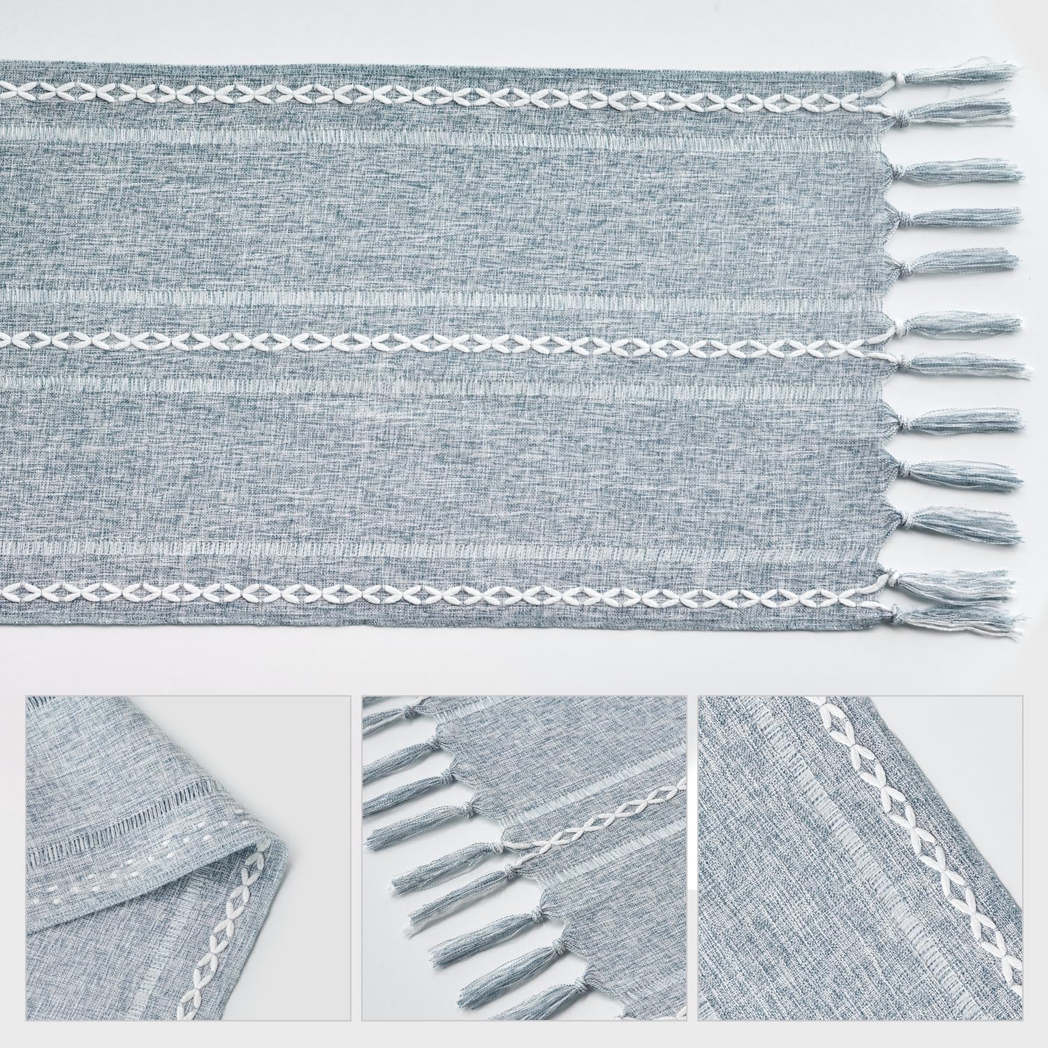 Artoid Mode 13x72 inches Boho Dusty Blue Tassel Table Runner, Farmhouse Style Kitchen Table Decoration