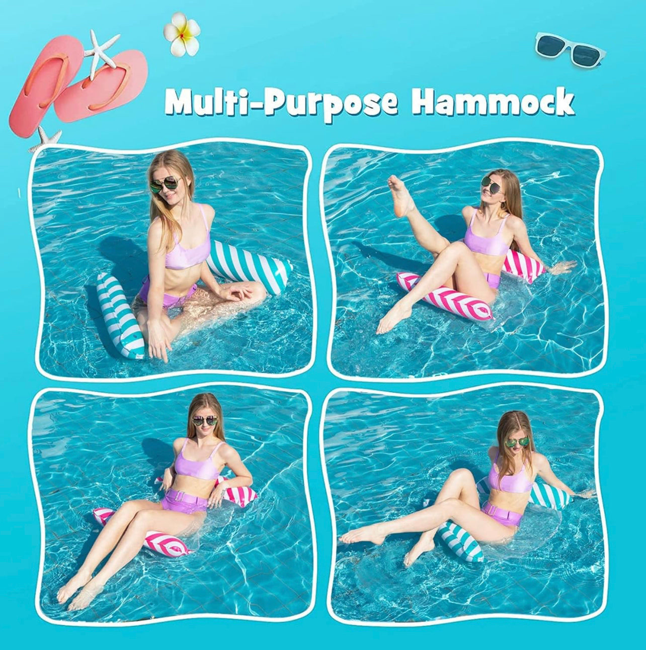 2 Pack Inflatable Pool Floats Hammock, Adults for Size Water Hammock Lounger, Multi-Purpose 4-in-1 Swimming Water Floating Rafts