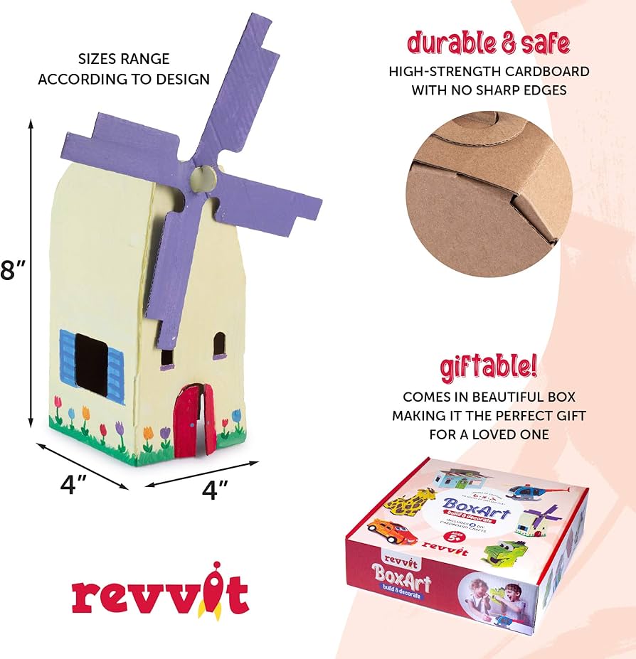 BoxArt Cardboard Crafts for Kids to Build & Color or Paint - Arts and Crafts DIY Imagination Play - Includes Dinosaur, Helicopter, Giraffe, Building, Windmill and Race Car.