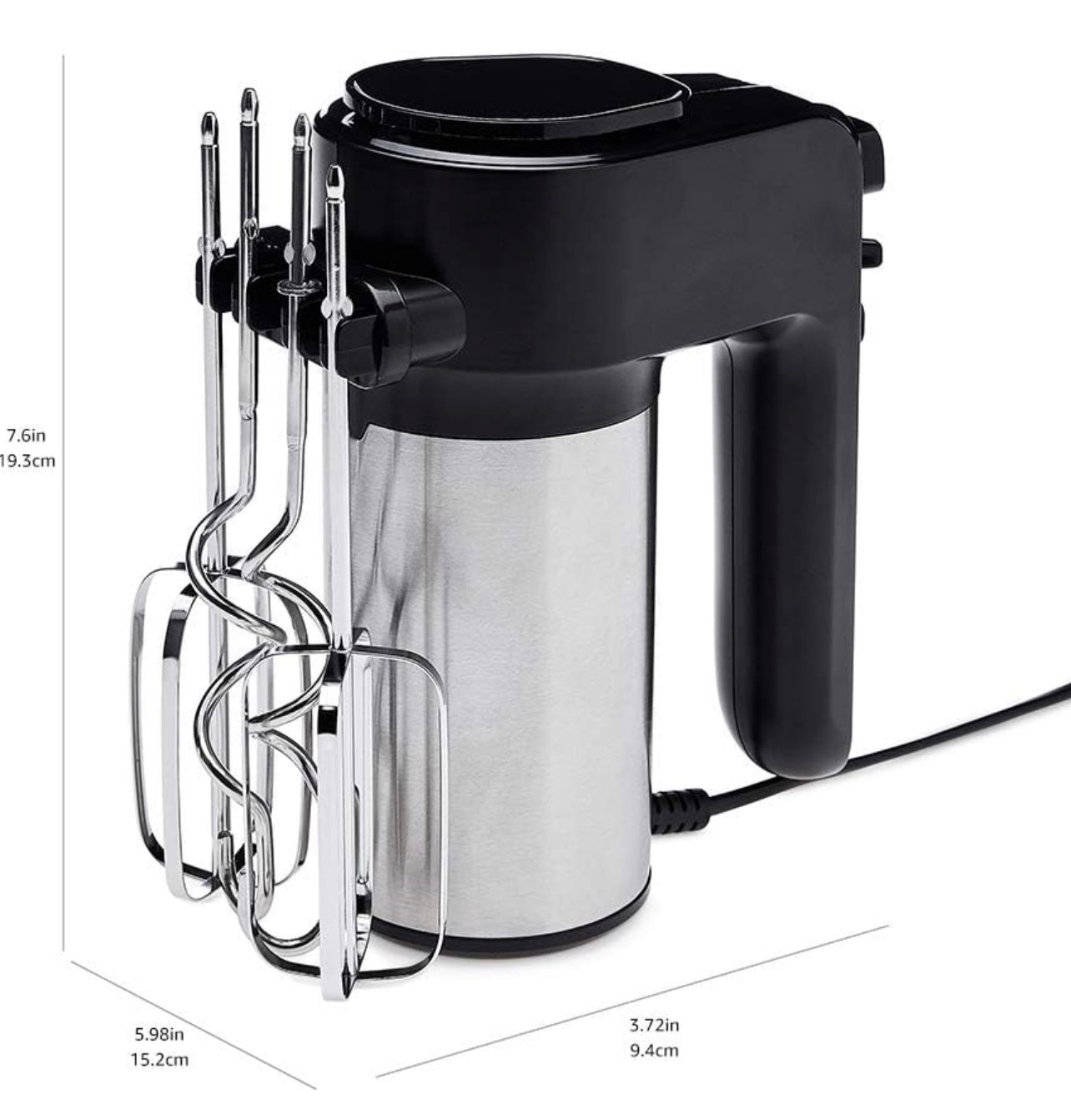 Amazon Basics 6-Speed Electric Hand Mixer with Dough Hooks, Beaters and Turbo Button, Black&Stainless steel