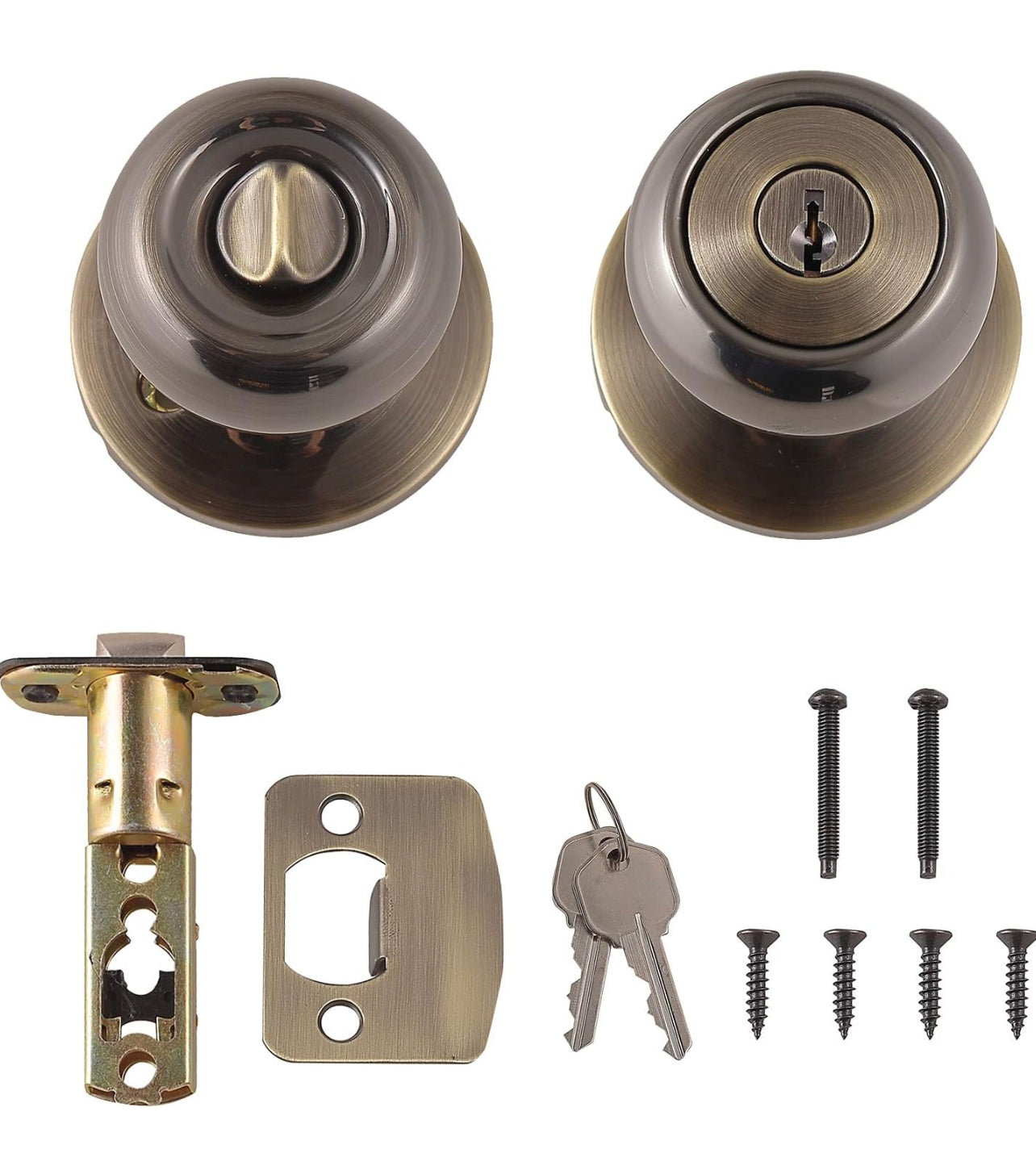 Amazon Basics Exterior Door Knob With Lock, Coastal, Antique Brass