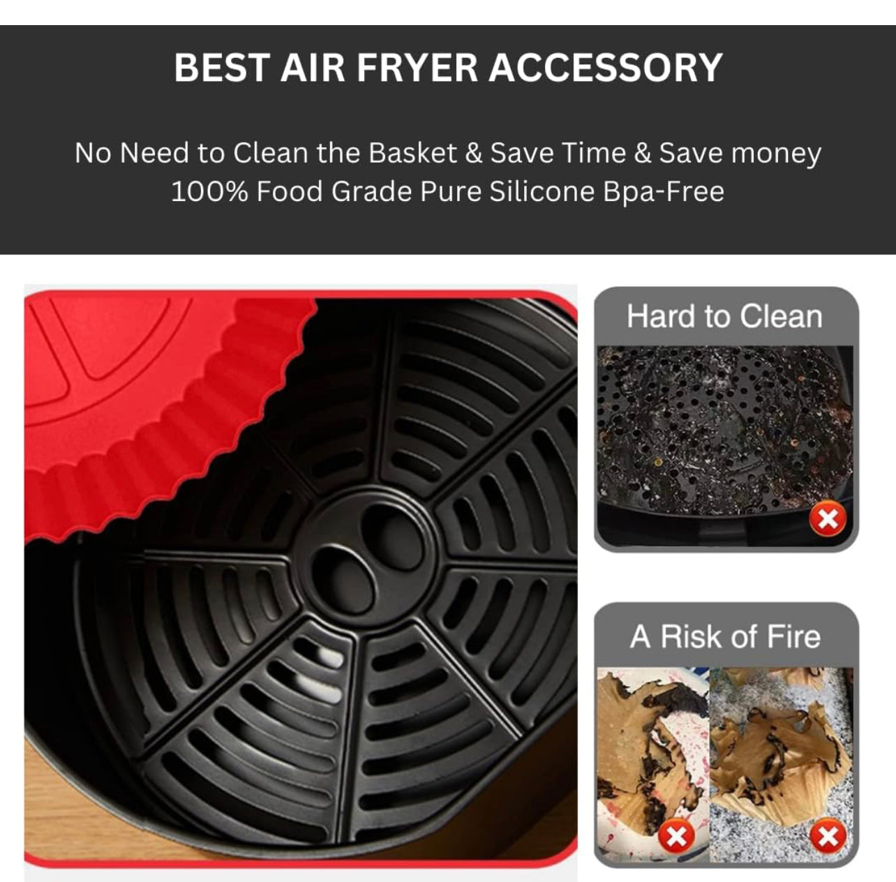 2-Pack Silicone Air Fryer Liners Reusable (8in red & 8.66in black) W/ 1 pair of Mitts Heat-Resistance, Silicone Air Fryer Basket replacement of Parchment Paper Fits 3-5QT (8in) & 5QT or above (8,66in)
