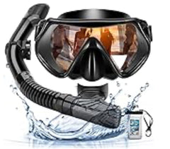 Arkmiido Scuba Diving Snorkeling Mask Snorkel Set Anti-Fog Anti-Leak Adjustable Dry Top Snorkel Set Adult .Impact Resistant Tempered Glass Diving Mask,Free Breathing Snorkel Mask Snorkeling Combo Set