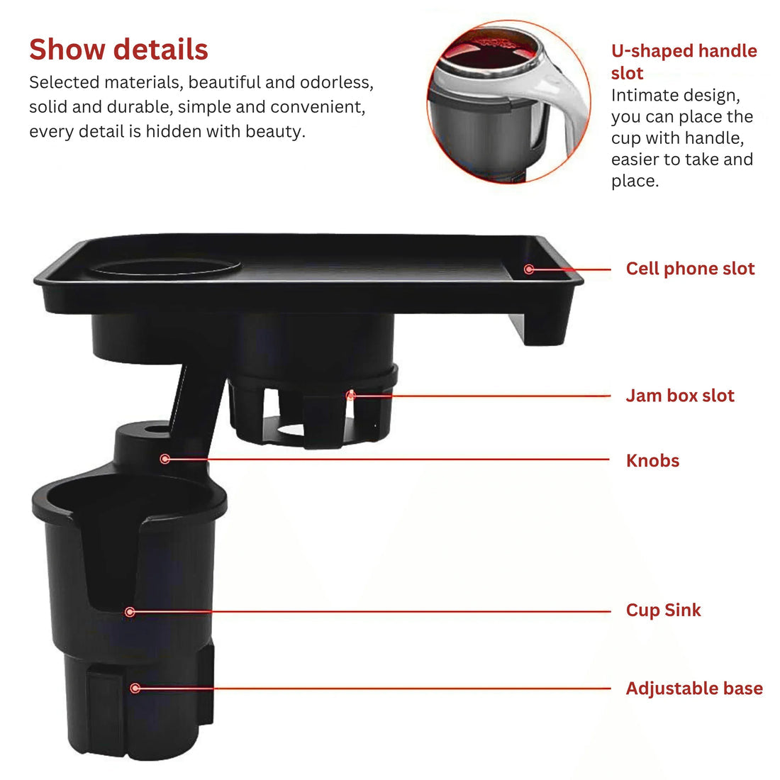 Car Cup Holder Expander with Detachable Food Tray
