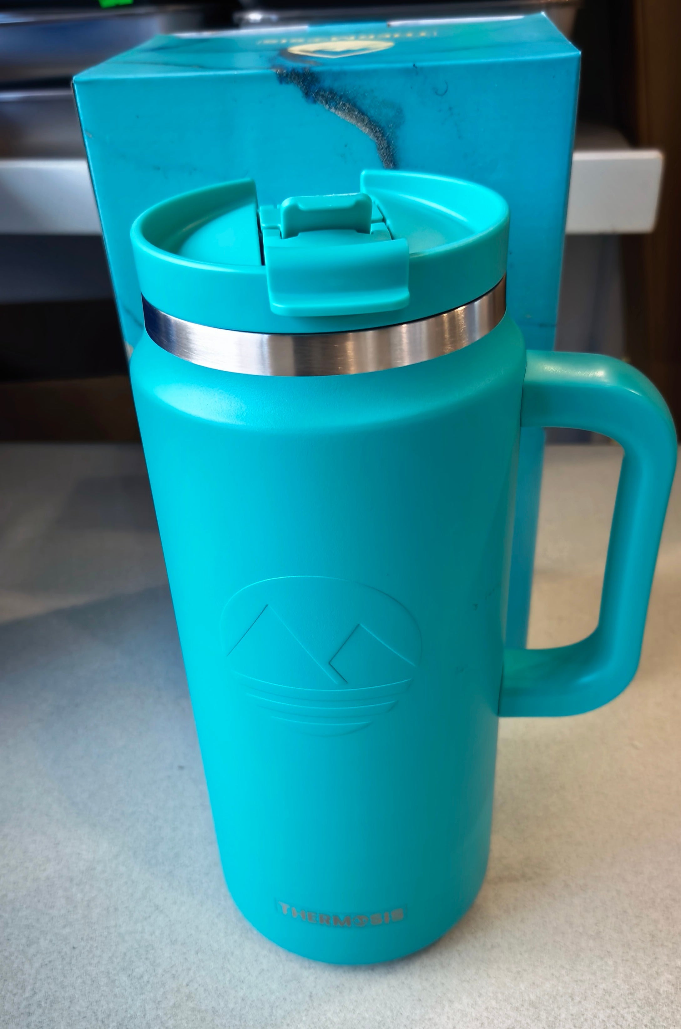 AHRMOSIS 64 Oz Tumbler with Handle and Straw Half Gallon Water Bottle Stainless Steel Travel Mug for Hot & Cold Drinks-Blue