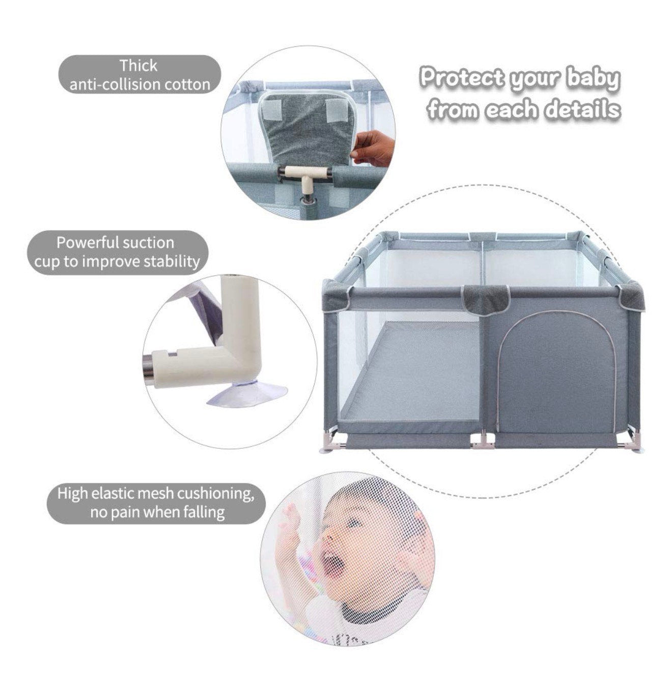 Baby Playpen Large Center Indoor & Soft Breathable Mesh & Outdoor with Anti-Slip Base