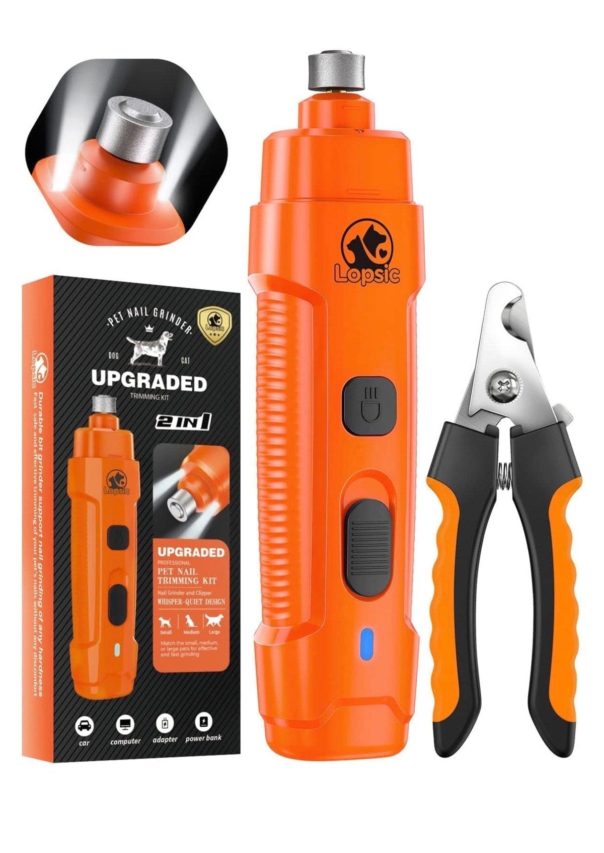 Dog Nail Grinder with 2 LED Lights,2-Speed Powerful Rechargeable Dog Nail Trimmers and Clipper Kit Ultra Quiet Painless Pet Dog Nail Clipper Quick Grooming for Small Medium Large Dogs Cats