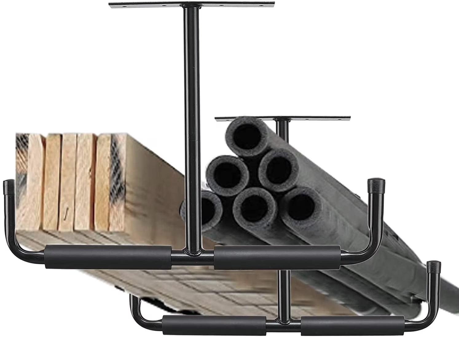 2 Pack Overhead Garage Storage Hooks, Heavy Duty Ceiling Mounted Garage Utility Hanging Rack for Lumber Bike Tools, Black