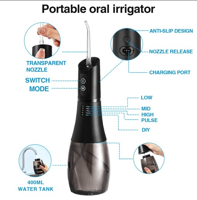 eCROSS Portable 400ML Water Flosser Cordless Dental Oral Irrigator, Black