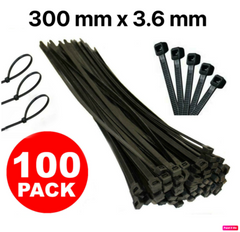 100PCS Black Nylon Cable Ties 3.6x300MM Durable Outdoor Wire Ties