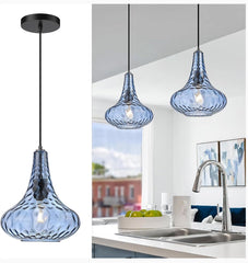 AUTELO Blue Pendant Lights Kitchen Island, 10" Hammered Glass Pendant Lights, Modern Pendant Light Fixtures in Matte Black Finish, Hanging Lamp for Dining Room, Kitchen Sink, H9164 BU